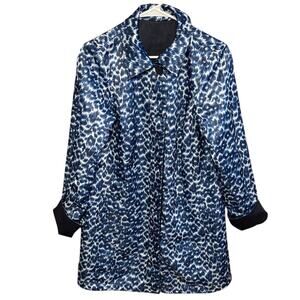 Dennis by Dennis Basso Navy Blue Reversible Satin Coat Leopard Print Pattern S